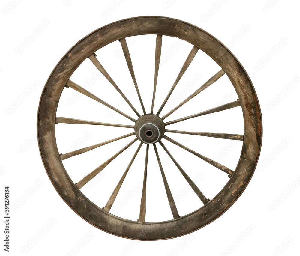 Old wooden wagon wheel (with clipping path) isolated on white background