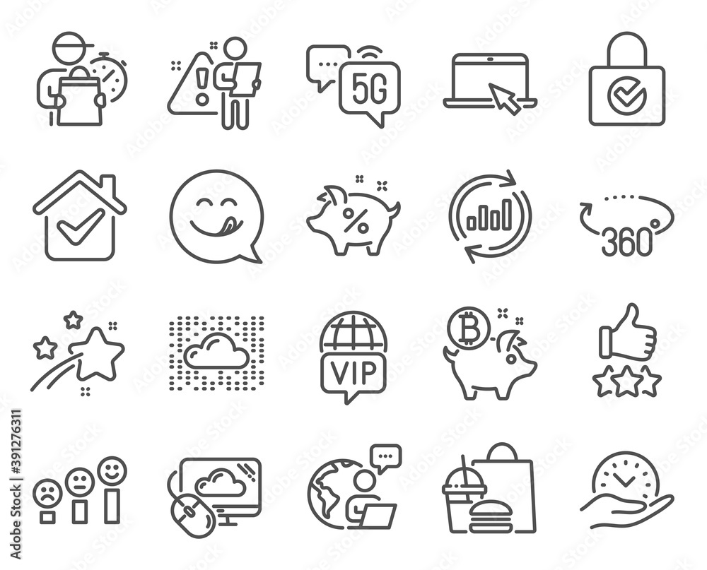 Technology icons set. Included icon as Cloud system, 5g internet, Rating stars signs. Update data, Bitcoin coin, Cloud computing symbols. Loan percent, Portable computer, Yummy smile. Vector