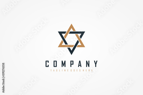 Star Logo. Blue and Gold Geometric Shape Star of David isolated on White Background. Flat Vector Illustration Design Template Element.