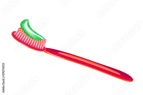 Red toothbrush with toothpaste icon isolated on white background. Small amount of toothpaste on of toothbrush. Dental broom. Tooth hygiene, stomatology prophylaxis equipment. Stock vector illustration