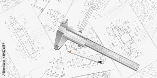 Engineer technician designing drawings.Top view of drawing tools .Mechanical Engineering background.Vector illustration. 