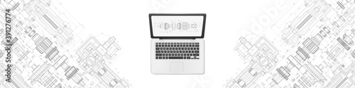 Technology banner with laptop .Technical drawing background.Mechanical Engineering background .Rotating parts mechanisms .Vector illustration .	