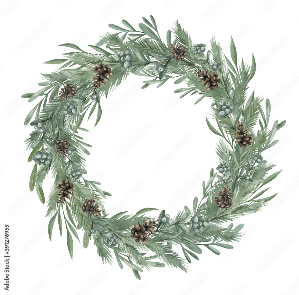 Watercolor Christmas wreath with pine, fir, mistletoe, branches, eucalyptus, pine cone, leaves and berries. Winter frame with botany. Decorative floral ornate