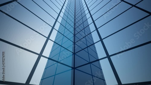 3d rendering of part of an abstract bright skyscraper with moving camera and seamless loop. Simple forms of buildings in daylight with reflections.