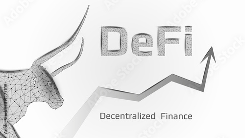 Defi decentralized finance bullish trend with a polygonal bull head and an upward arrow on white background. Vector illustration.