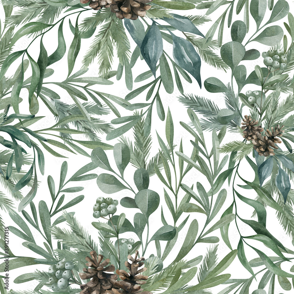 Fototapeta premium Watercolor seamless pattern with winter green leaves and branches, spruce, pine cone, eucalypt. Floral botanical background with winter decorative elements. 