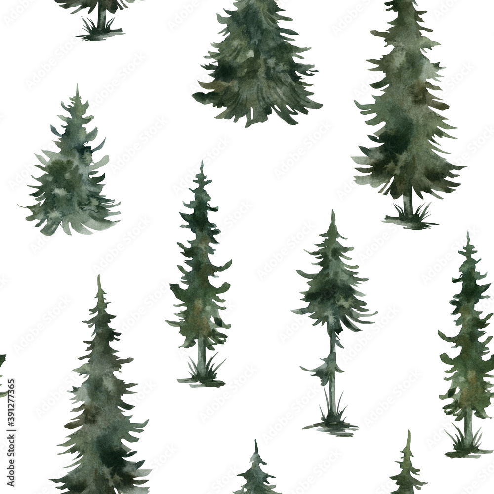 Watercolor seamless pattern with winter trees. Spruce, pine, fir,  Christmas tree. Nature background. Forest landscape.