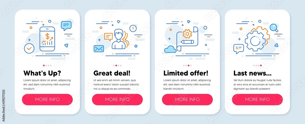 Set of Business icons, such as Cogwheel blueprint, Mobile finance, People symbols. Mobile app mockup banners. Settings gears line icons. Edit settings, Phone accounting, Support job. Vector Set of Business icons, such as Cogwheel blueprint, Mobile finance, People symbols. Mobile app mockup banners. Settings gears line icons. Edit settings, Phone accounting, Support job. Vector