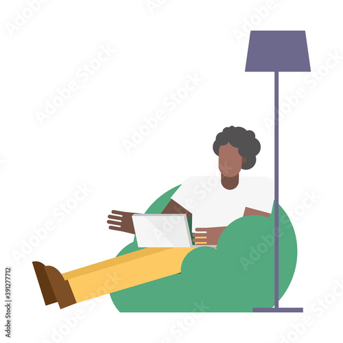 Man with laptop on puf working from home vector design