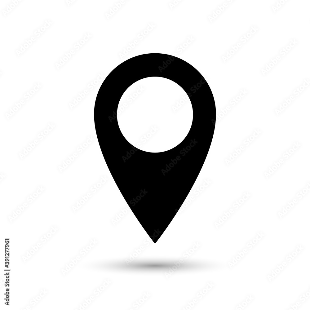 Pin icon. Location map. Pointer vector. Gps navigation. Mark pinpoint. Marker rounded point arrow. Position here sign. Place destination. Geo locate points with shadow isolated on white background Pin icon. Location map. Pointer vector. Gps navigation. Mark pinpoint. Marker rounded point arrow. Position here sign. Place destination. Geo locate points with shadow isolated on white background