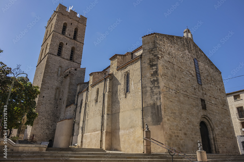 Church Notre-Dame del Prat (1178) in Argeles-sur-Mer. In XIV century Notre-Dame rebuilt and equipped with a beautiful bell tower. Argeles-sur-Mer, Pyrenees Orientales, Languedoc Roussillon, France.