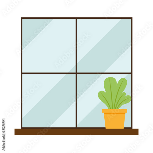 plant inside pot at window vector design