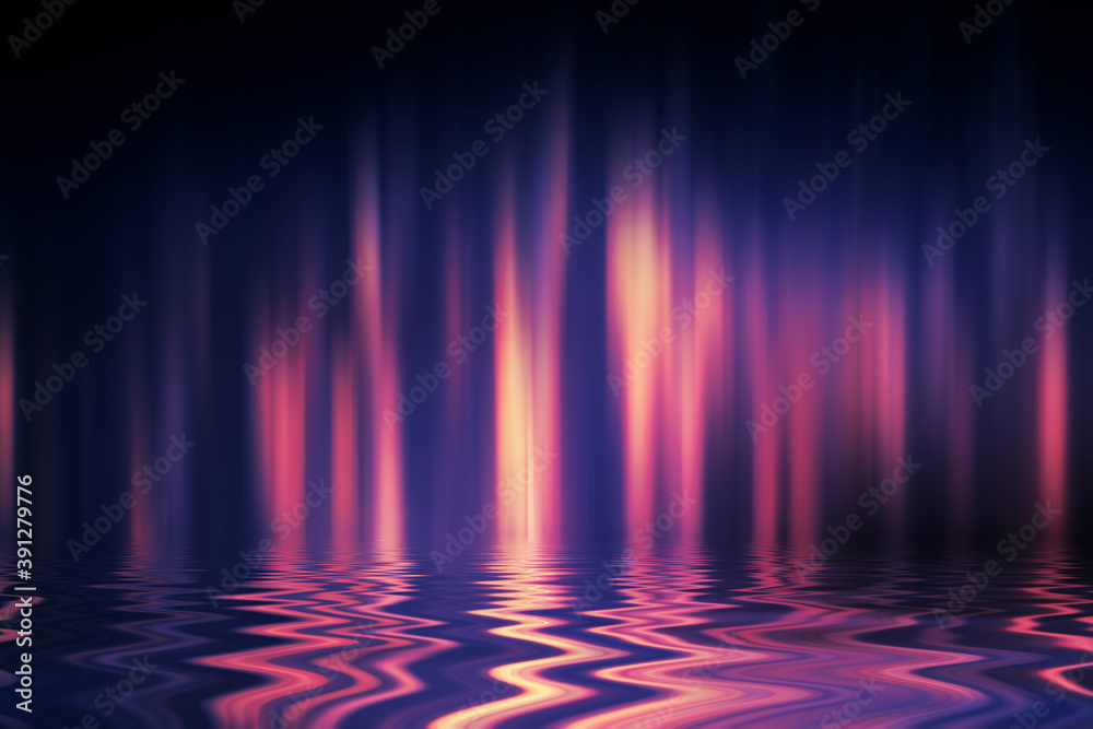 Abstract dark futuristic background. Ultraviolet multicolored beams of neon light reflect off the water. Background of empty stage show, beach party. 3d illustration