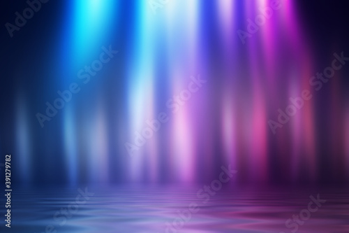 Abstract dark futuristic background. Ultraviolet multicolored beams of neon light reflect off the water. Background of empty stage show, beach party. 3d illustration