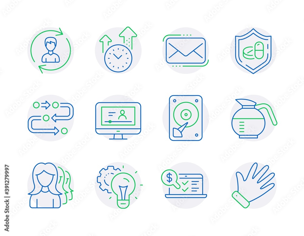 Business icons set. Included icon as Online accounting, Methodology, Medical tablet signs. Online video, Hdd, Messenger mail symbols. Time management, Coffeepot, Women headhunting. Hand. Vector Business icons set. Included icon as Online accounting, Methodology, Medical tablet signs. Online video, Hdd, Messenger mail symbols. Time management, Coffeepot, Women headhunting. Hand. Vector