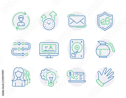 Business icons set. Included icon as Online accounting, Methodology, Medical tablet signs. Online video, Hdd, Messenger mail symbols. Time management, Coffeepot, Women headhunting. Hand. Vector