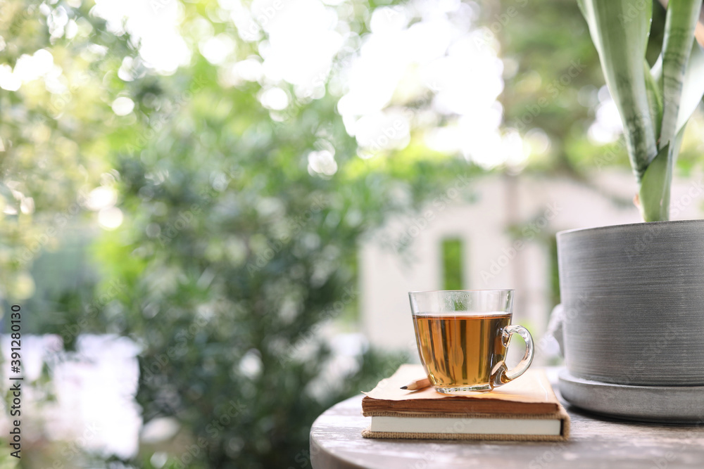 Red tea in transparent glass with plant pot and notebook
Red tea in transparent glass with plant pot and notebook