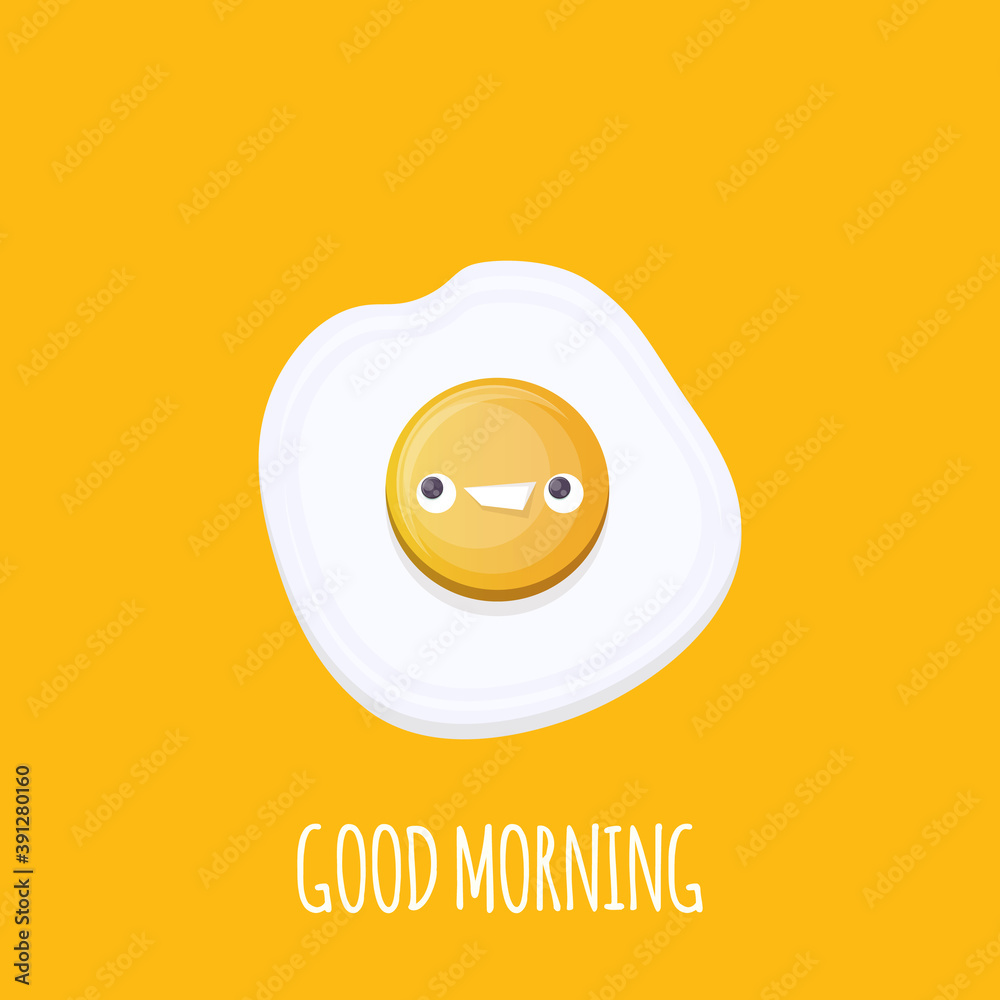vector funny cartoon fried egg character isolated on orange background. funky smiling morning food fried egg. Good morning concept