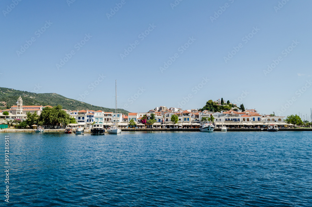 Evia island, Greece - June 28. 2020: Panorama of the tourist island of Skiathos in Greece 