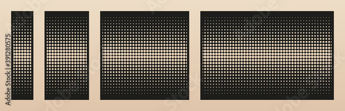 Laser cut panel set. Abstract geometric pattern with circles, halftone dots, grid, gradient transition. Decorative stencil for laser cutting of wood, metal, paper. Aspect ratio 1:1, 1:2, 1:4, 2:3