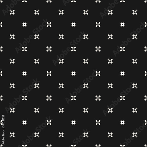 Vector geometric floral ornament. Simple monochrome seamless pattern. Ornamental texture with small flower shapes, tiny crosses. Black and white abstract background. Subtle dark minimal repeat design