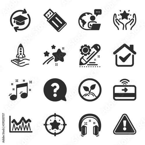 Set of Education icons, such as Question mark, Project edit, Crowdfunding symbols. Investment, Musical note, Continuing education signs. Startup, Star target, Ranking. Headphones. Vector