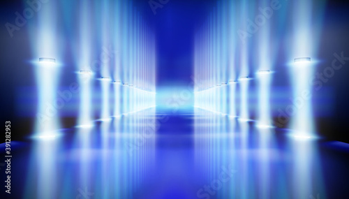 Iilluminated corridor. Stage podium during the show. Blue carpet. Fashion catwalk, runway. Vector illustration.