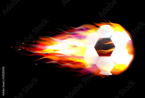 Flaming soccer ball flying against on fire flying through the air. Template for poster, banner for the match of sport tournament