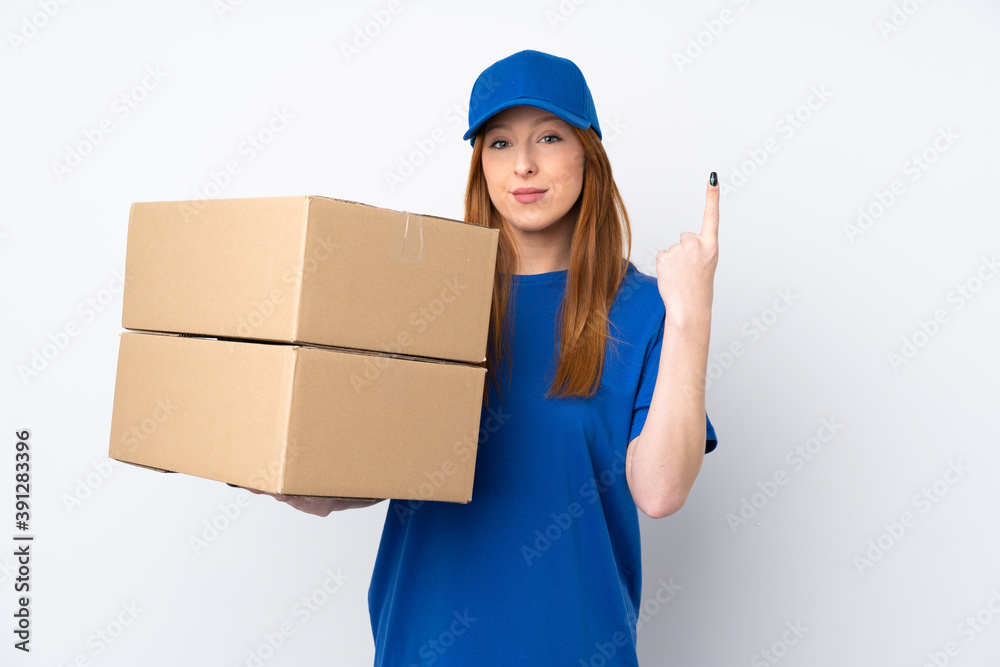 Young delivery woman over isolated white background pointing with the index finger a great idea Young delivery woman over isolated white background pointing with the index finger a great idea