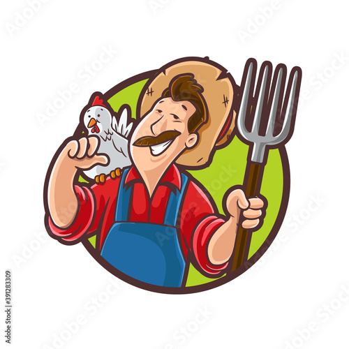 farmer with rake and chicken