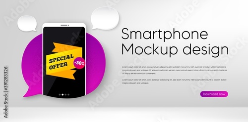 Special offer sticker. Mobile phone vector mockup. Discount banner shape. Sale coupon icon. Smartphone mockup speech bubble. Special offer banner. Phone screen frame. Mobile background. Vector