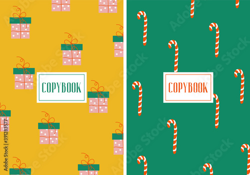 Merry Christmas. Set of bright vector flat covers for copybook with gift box and new year lollipop. Covers in two colors for winter holidays. Winter Cristmas copybooks with funny elements. New Year.