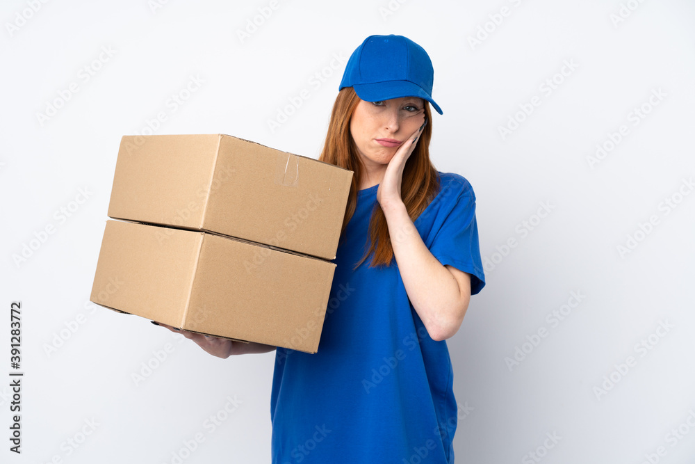 Young delivery woman over isolated white background unhappy and frustrated Young delivery woman over isolated white background unhappy and frustrated