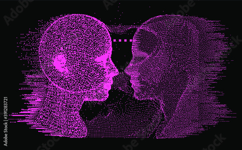 Silhouette of a human head made of dots and particles. Concept of Artificial intelligence and Neural Network.
