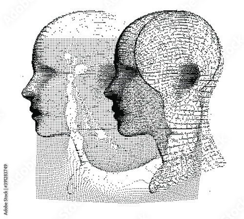 Silhouette of a human head made of dots and particles. Concept of Artificial intelligence and Neural Network.