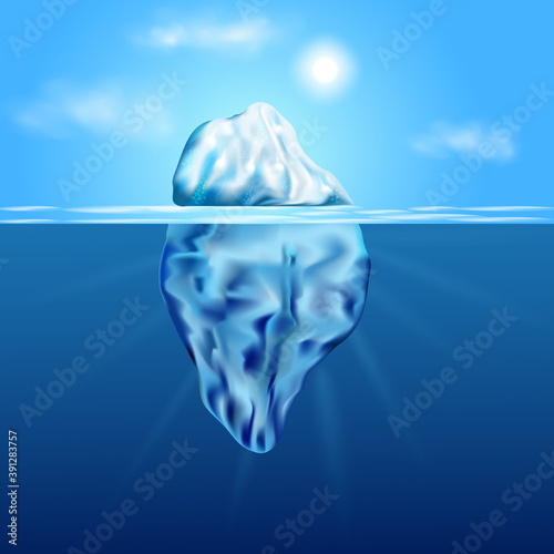Iceberg floating among ice floes in the blue Antarctic sea.WInter arctic landscape with blue pure water and snow hills.
