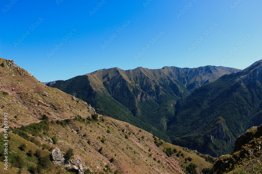 Mountains and mountain peaks seen from the old Bosnian village of Lukomir.