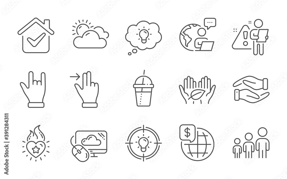 World money, Business hierarchy and Sunny weather line icons set. Idea, Horns hand and Energy signs. Fair trade, Touchscreen gesture and Cloud computing symbols. Line icons set. Vector World money, Business hierarchy and Sunny weather line icons set. Idea, Horns hand and Energy signs. Fair trade, Touchscreen gesture and Cloud computing symbols. Line icons set. Vector