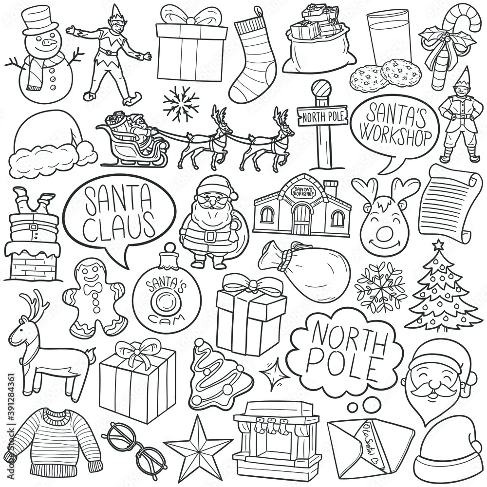 Santa Claus doodle icon set. Christmas Holidays Vector illustration collection. North Pole Banner Hand drawn Line art style.
