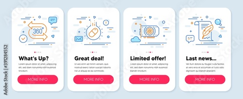 Set of Science icons, such as 360 degree, Gpu, Capsule pill symbols. Mobile app mockup banners. Feather line icons. Virtual reality, Graphic card, Medicine drugs. Copyright page. Vector