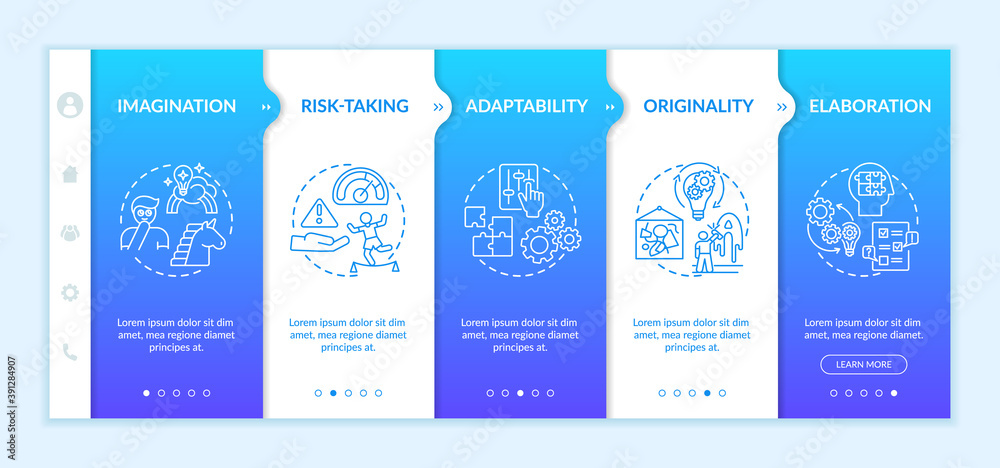 Creative thinking skills onboarding vector template. Adaptability in all situations. Not copying someone. Responsive mobile website with icons. Webpage walkthrough step screens. RGB color concept