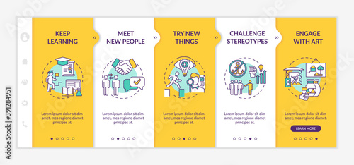 Boosting creative thinking tips onboarding vector template. Keep learning something new everyday. Meet people. Responsive mobile website with icons. Webpage walkthrough step screens. RGB color concept