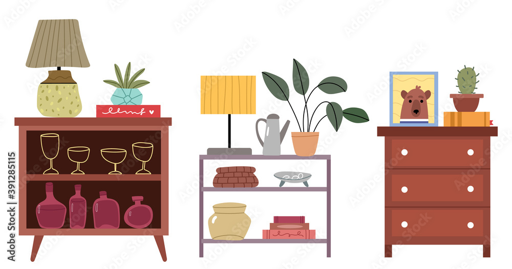 Fototapeta premium Set of chests of drawers in different styles.Set of furniture and decor elements vector flat illustration.
