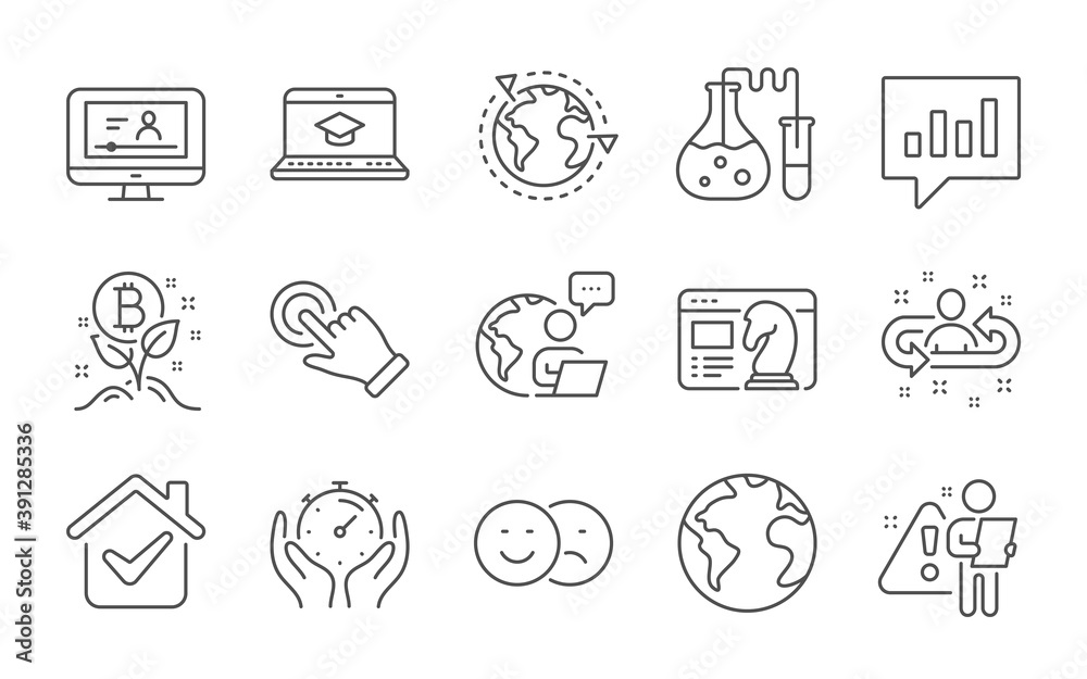 Online video, Outsourcing and Bitcoin project line icons set. Chemistry lab, Touchscreen gesture and Like signs. Analytical chat, Timer and Website education symbols. Line icons set. Vector Online video, Outsourcing and Bitcoin project line icons set. Chemistry lab, Touchscreen gesture and Like signs. Analytical chat, Timer and Website education symbols. Line icons set. Vector