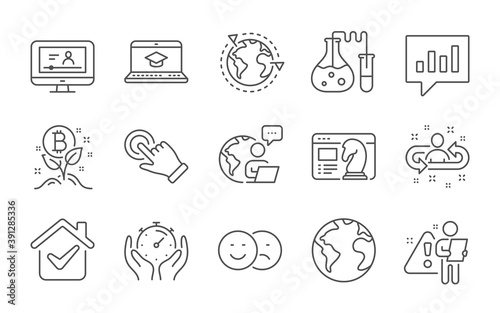 Online video, Outsourcing and Bitcoin project line icons set. Chemistry lab, Touchscreen gesture and Like signs. Analytical chat, Timer and Website education symbols. Line icons set. Vector