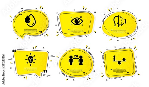 Social distancing, Health eye and Face biometrics icons simple set. Yellow speech bubbles with dotwork effect. Face id, Oil drop and Balance signs. Quarantine, Optometry, Facial recognition. Vector