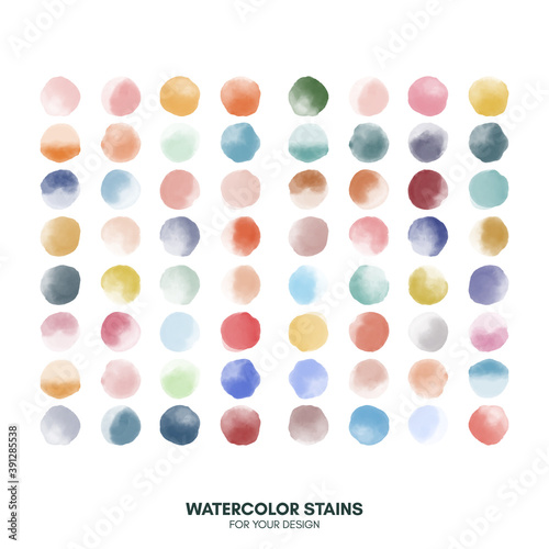 Fototapeta Naklejka Na Ścianę i Meble -  Set of colorful watercolor hand painted round shapes, stains, circles, blobs isolated on white. Illustration for artistic design