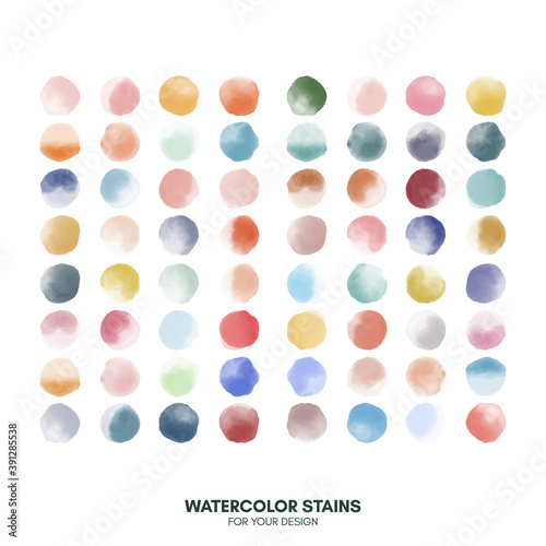 Set of colorful watercolor hand painted round shapes, stains, circles, blobs isolated on white. Illustration for artistic design