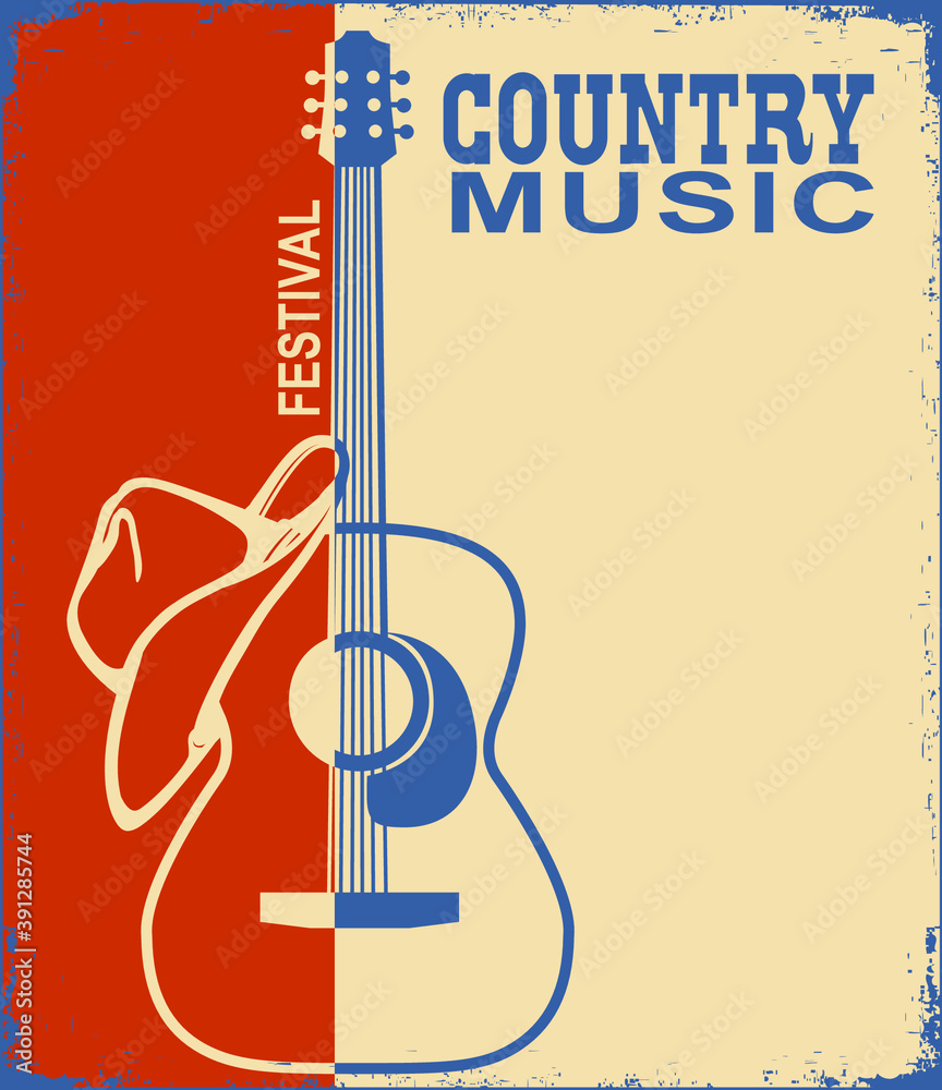 Retro Country music poster of acoustic guitar and cowboy American hat and boots. Vector music background with text on old grunge paper texture