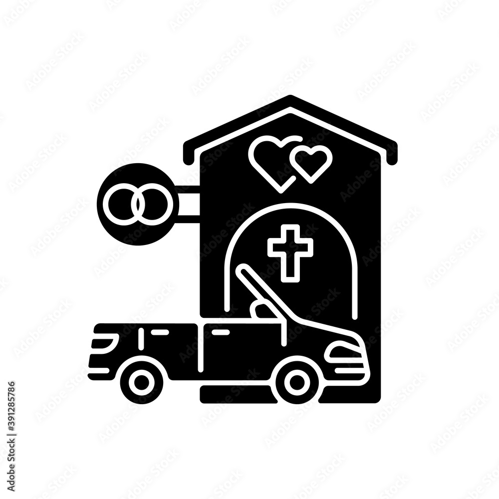 Drive through marriage chapel black glyph icon. Small church for wedding. Car for newlyweds. Marry in Las Vegas. Romantic honeymoon. Silhouette symbol on white space. Vector isolated illustration Drive through marriage chapel black glyph icon. Small church for wedding. Car for newlyweds. Marry in Las Vegas. Romantic honeymoon. Silhouette symbol on white space. Vector isolated illustration